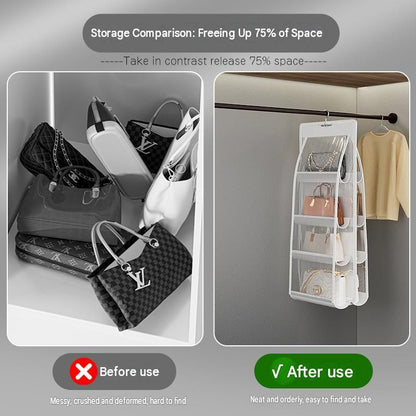 Grey 6-compartment Hanging Handbag Organizer - Double-Sided Non-Woven PVC Storage Bag with Transparent Pockets - Space-Saving Wardrobe Closet Hanger for Purses and Accessories