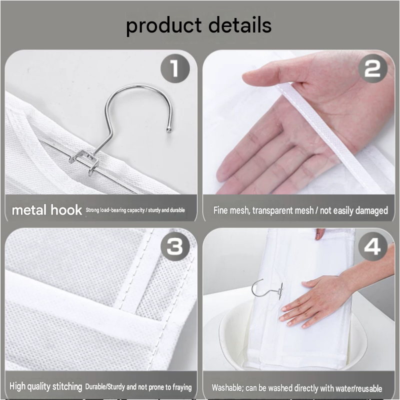 Grey 6-compartment Hanging Handbag Organizer - Double-Sided Non-Woven PVC Storage Bag with Transparent Pockets - Space-Saving Wardrobe Closet Hanger for Purses and Accessories