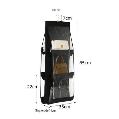 Grey 6-compartment Hanging Handbag Organizer - Double-Sided Non-Woven PVC Storage Bag with Transparent Pockets - Space-Saving Wardrobe Closet Hanger for Purses and Accessories