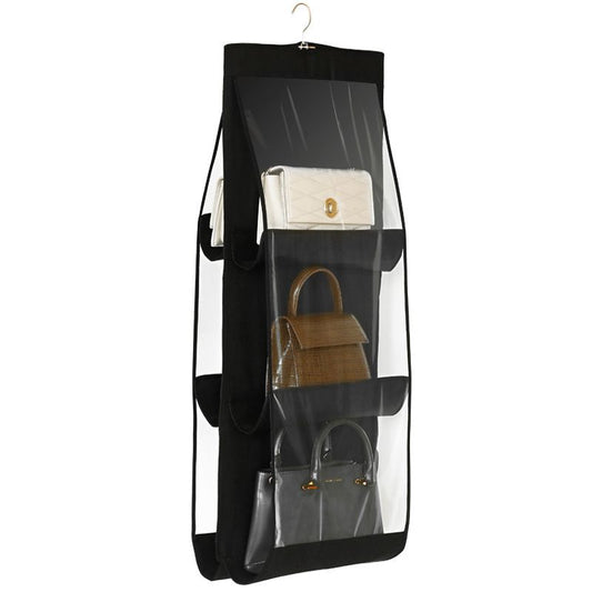 Black 6-compartment Hanging Handbag Organizer - Double-Sided Non-Woven PVC Storage Bag with Transparent Pockets - Space-Saving Wardrobe Closet Hanger for Purses and Accessories