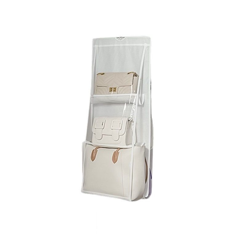 White 6-compartment Hanging Handbag Organizer - Double-Sided Non-Woven PVC Storage Bag with Transparent Pockets - Space-Saving Wardrobe Closet Hanger for Purses and Accessories