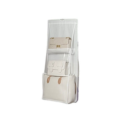 White 6-compartment Hanging Handbag Organizer - Double-Sided Non-Woven PVC Storage Bag with Transparent Pockets - Space-Saving Wardrobe Closet Hanger for Purses and Accessories