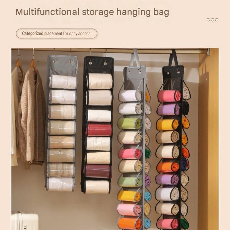 Grey 26-compartment Hanging Clothes Organiser - Double Sided Transparent Wardrobe Storage Bag with Metal Hooks - Space Saving Closet Hanger for Yoga Pants, Leggings, Scarves and Accessories