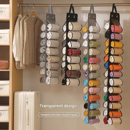 Grey 26-compartment Hanging Clothes Organiser - Double Sided Transparent Wardrobe Storage Bag with Metal Hooks - Space Saving Closet Hanger for Yoga Pants, Leggings, Scarves and Accessories