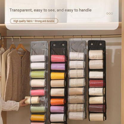 Grey 26-compartment Hanging Clothes Organiser - Double Sided Transparent Wardrobe Storage Bag with Metal Hooks - Space Saving Closet Hanger for Yoga Pants, Leggings, Scarves and Accessories