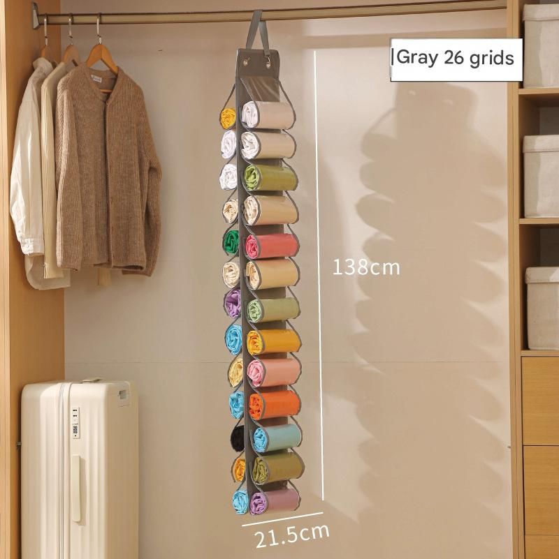 Grey 26-compartment Hanging Clothes Organiser - Double Sided Transparent Wardrobe Storage Bag with Metal Hooks - Space Saving Closet Hanger for Yoga Pants, Leggings, Scarves and Accessories