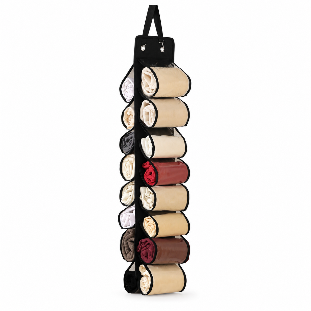 Black 16-compartment Hanging Clothes Organiser - Double Sided Transparent Wardrobe Storage Bag with Metal Hooks - Space Saving Closet Hanger for Yoga Pants, Leggings, Scarves and Accessories