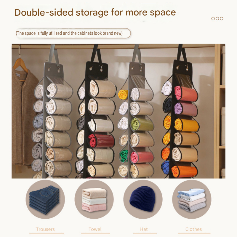 Black 16-compartment Hanging Clothes Organiser - Double Sided Transparent Wardrobe Storage Bag with Metal Hooks - Space Saving Closet Hanger for Yoga Pants, Leggings, Scarves and Accessories