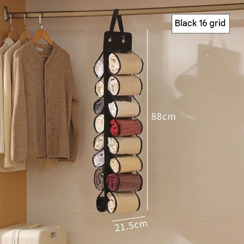 Black 16-compartment Hanging Clothes Organiser - Double Sided Transparent Wardrobe Storage Bag with Metal Hooks - Space Saving Closet Hanger for Yoga Pants, Leggings, Scarves and Accessories