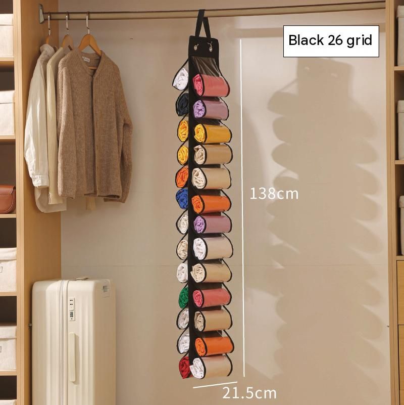Black 26-compartment Hanging Clothes Organiser - Double Sided Transparent Wardrobe Storage Bag with Metal Hooks - Space Saving Closet Hanger for Yoga Pants, Leggings, Scarves and Accessories