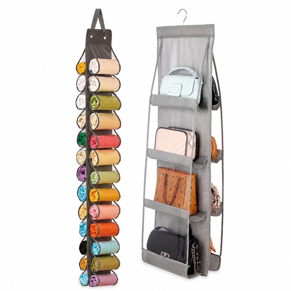 Grey Home Organisation Set - 8 Pocket Handbag Hanging Organiser and 26 Slot Yoga Clothes Storage Bag - Double Sided Transparent Wardrobe Closet Hanger for Purses, Leggings, Scarves and Accessories