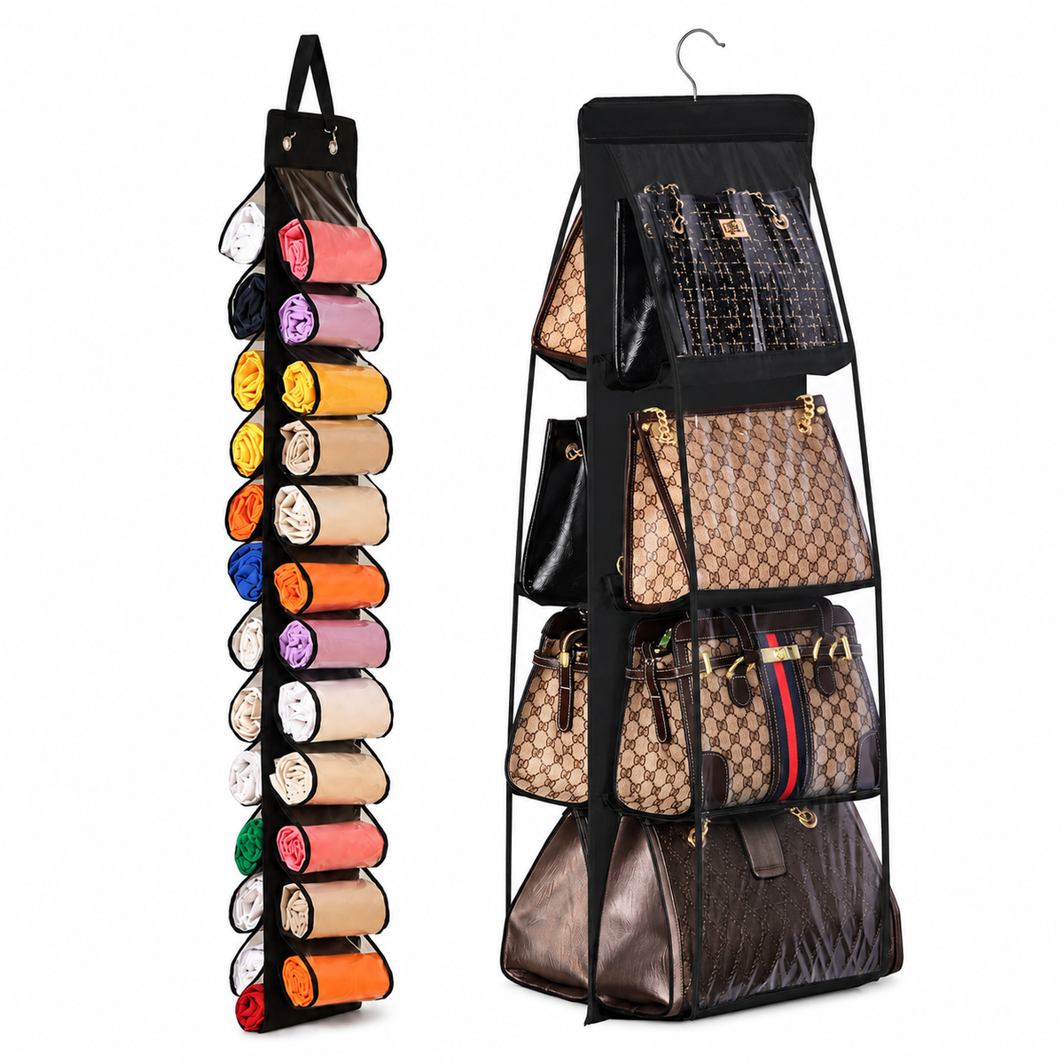 Black Home Organisation Set - 8 Pocket Handbag Hanging Organiser and 26 Slot Yoga Clothes Storage Bag - Double Sided Transparent Wardrobe Closet Hanger for Purses, Leggings, Scarves and Accessories