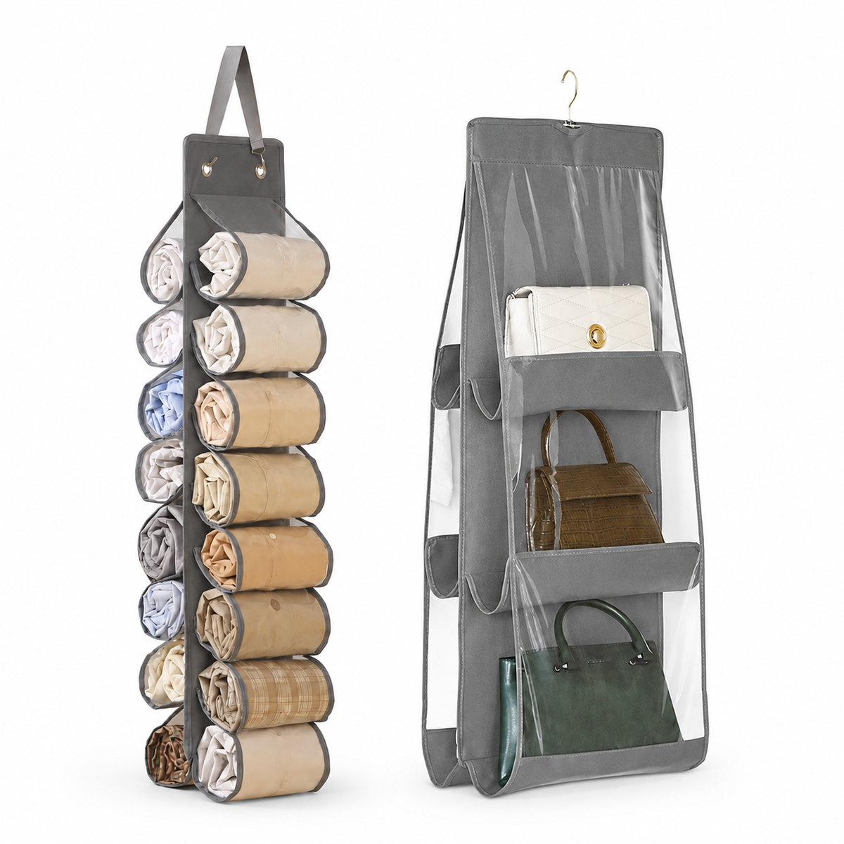 Grey Home Organisation Set - 6 Pocket Handbag Hanging Organiser and 16 Slot Yoga Clothes Storage Bag - Double Sided Transparent Wardrobe Closet Hanger for Purses, Leggings, Scarves and Accessories