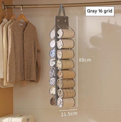 Grey Home Organisation Set - 6 Pocket Handbag Hanging Organiser and 16 Slot Yoga Clothes Storage Bag - Double Sided Transparent Wardrobe Closet Hanger for Purses, Leggings, Scarves and Accessories
