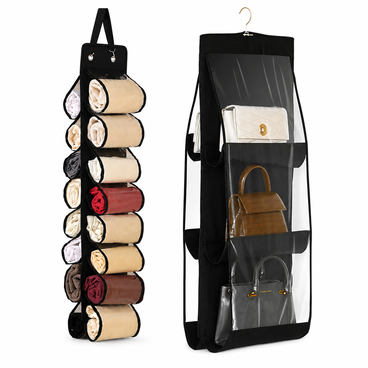 Black Home Organisation Set - 6 Pocket Handbag Hanging Organiser and 16 Slot Yoga Clothes Storage Bag - Double Sided Transparent Wardrobe Closet Hanger for Purses, Leggings, Scarves and Accessories