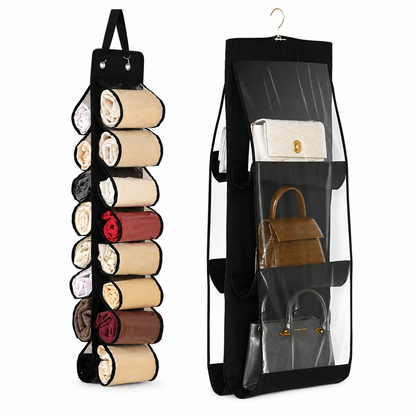 Black Home Organisation Set - 6 Pocket Handbag Hanging Organiser and 16 Slot Yoga Clothes Storage Bag - Double Sided Transparent Wardrobe Closet Hanger for Purses, Leggings, Scarves and Accessories