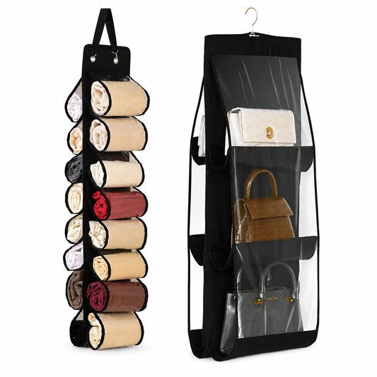 Black Home Organisation Set - 6 Pocket Handbag Hanging Organiser and 16 Slot Yoga Clothes Storage Bag - Double Sided Transparent Wardrobe Closet Hanger for Purses, Leggings, Scarves and Accessories