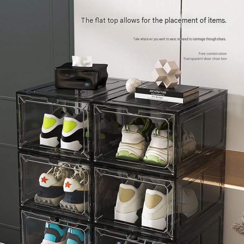 2 transparent black ones Stackable Magnetic Shoe Storage Box - Transparent PS Plastic - Front Opening Door, Dustproof Display, Space Saving Modular Design for Sneakers and Home Organisation