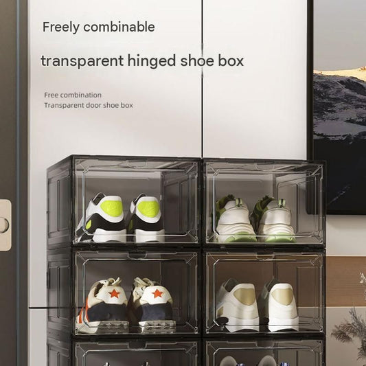 4 transparent black ones Stackable Magnetic Shoe Storage Box - Transparent PS Plastic - Front Opening Door, Dustproof Display, Space Saving Modular Design for Sneakers and Home Organisation