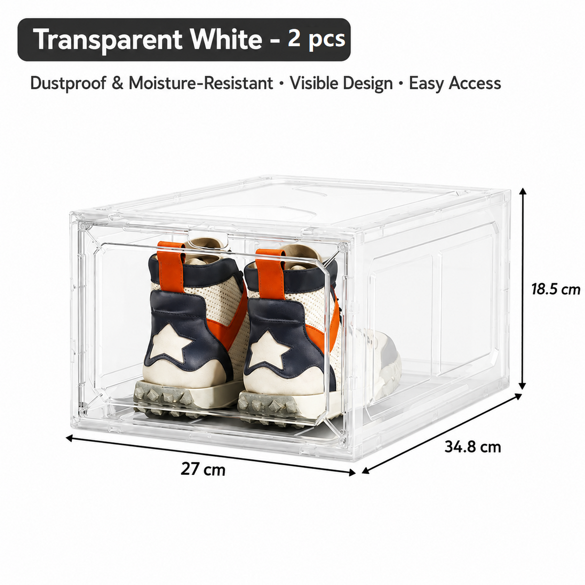 2 transparent white ones Stackable Magnetic Shoe Storage Box - Transparent PS Plastic - Front Opening Door, Dustproof Display, Space Saving Modular Design for Sneakers and Home Organisation