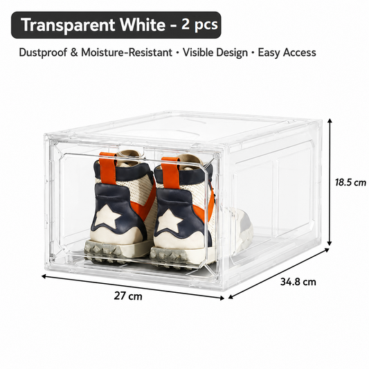 2 transparent white ones Stackable Magnetic Shoe Storage Box - Transparent PS Plastic - Front Opening Door, Dustproof Display, Space Saving Modular Design for Sneakers and Home Organisation