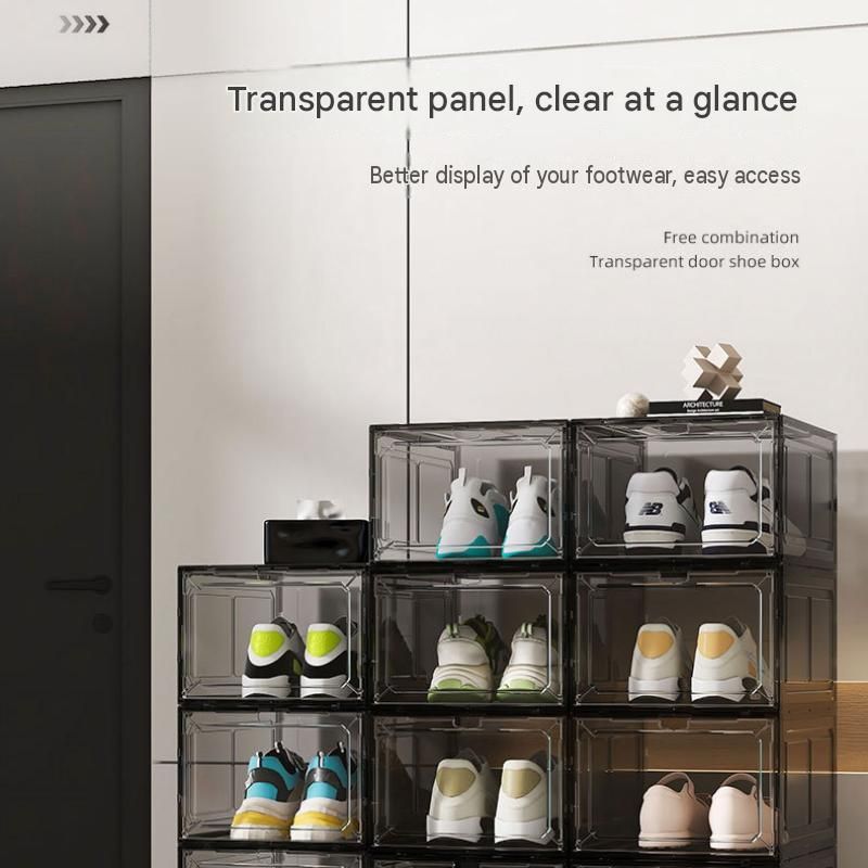 2 transparent white ones Stackable Magnetic Shoe Storage Box - Transparent PS Plastic - Front Opening Door, Dustproof Display, Space Saving Modular Design for Sneakers and Home Organisation