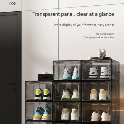 2 transparent white ones Stackable Magnetic Shoe Storage Box - Transparent PS Plastic - Front Opening Door, Dustproof Display, Space Saving Modular Design for Sneakers and Home Organisation