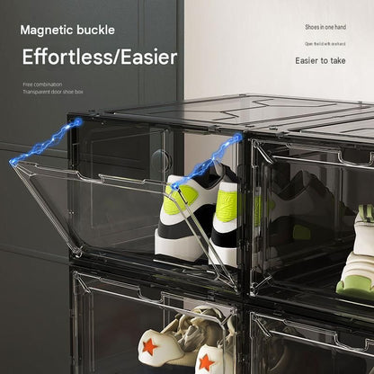 2 transparent white ones Stackable Magnetic Shoe Storage Box - Transparent PS Plastic - Front Opening Door, Dustproof Display, Space Saving Modular Design for Sneakers and Home Organisation