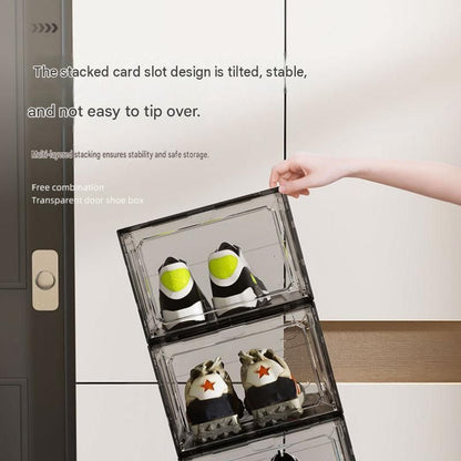 2 transparent white ones Stackable Magnetic Shoe Storage Box - Transparent PS Plastic - Front Opening Door, Dustproof Display, Space Saving Modular Design for Sneakers and Home Organisation