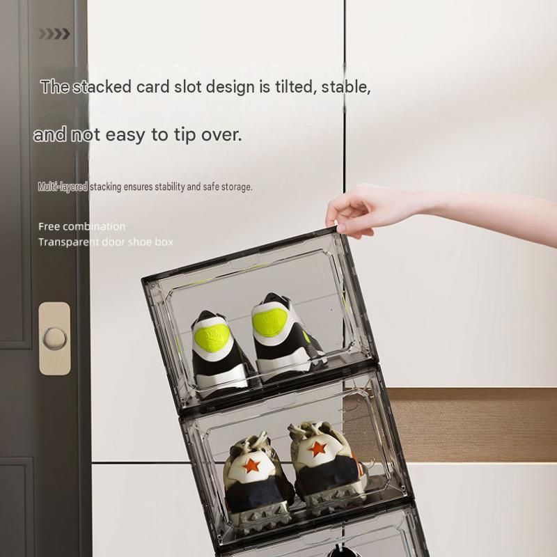 4 transparent white ones Stackable Magnetic Shoe Storage Box - Transparent PS Plastic - Front Opening Door, Dustproof Display, Space Saving Modular Design for Sneakers and Home Organisation