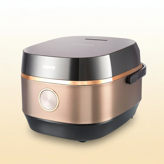 Stainless steel and rose gold electric pressure cooker on a white background