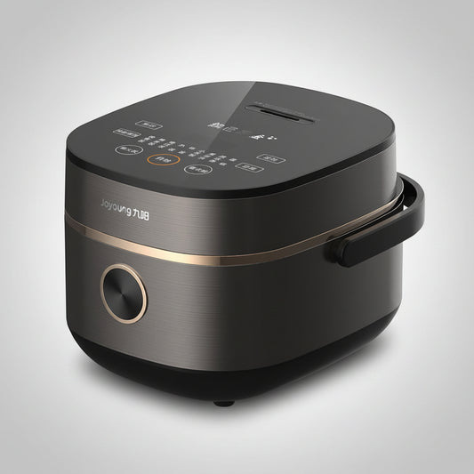 Black rice cooker with digital display on a white background