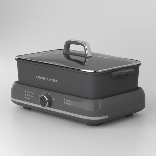 Gray electric pot with a lid on a white background