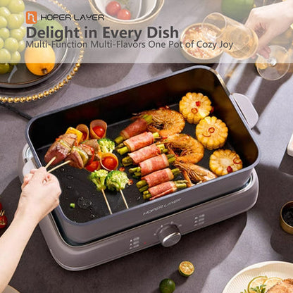 HOPER LAYER Electric Hot Pot 6L – Multifunctional Nonstick Cooker with Grill, Boil, Simmer & Fry Modes 2000W Power, Square Removable Pot