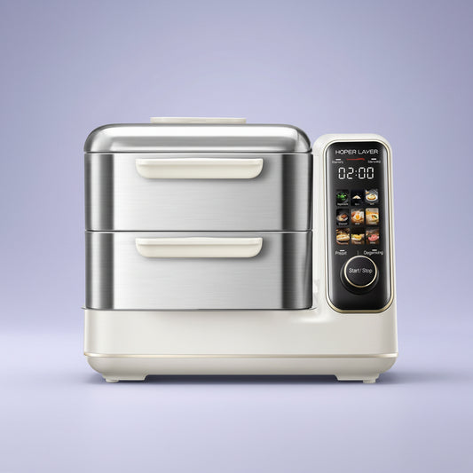 White and silver food dehydrator with digital display on a white background