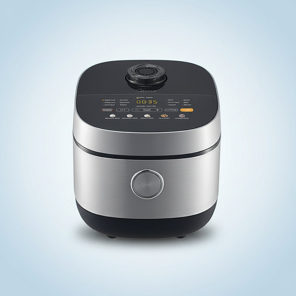Silver and black rice cooker on a white background