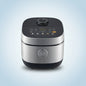 Silver and black rice cooker on a white background