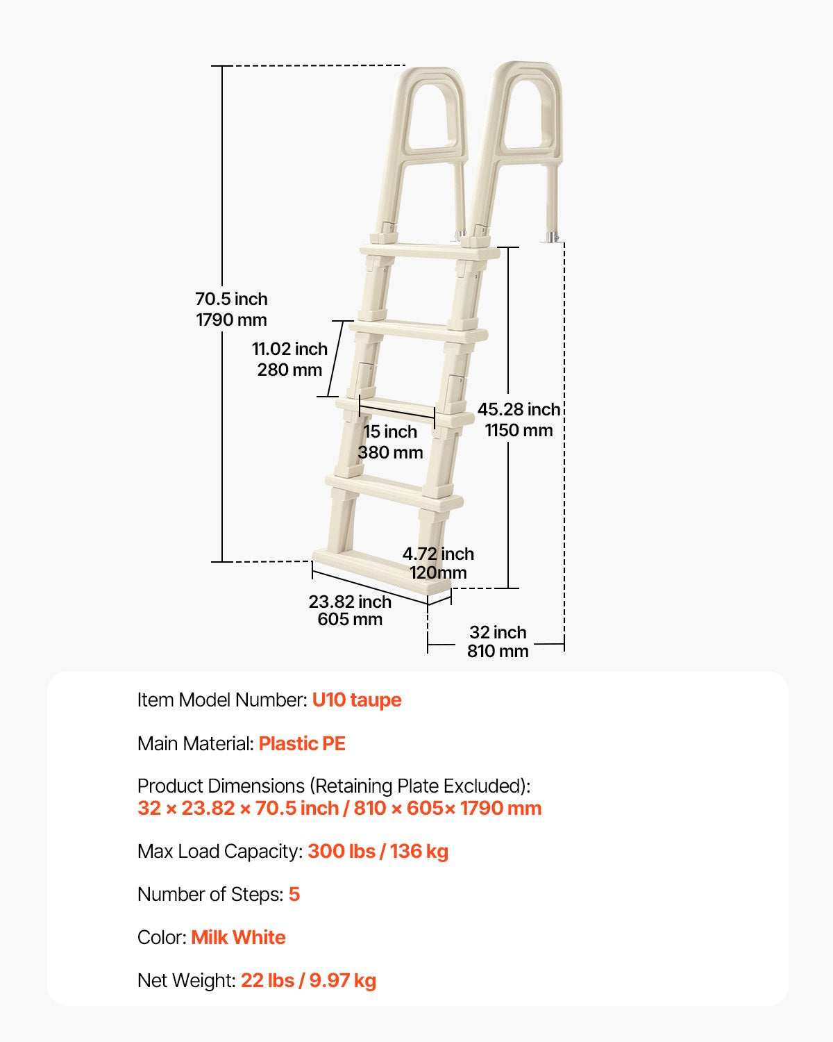 VEVOR 5-Step Inclined Robust Pool Ladder of 2 Handrails for 1219.2-1371.6mm Pool