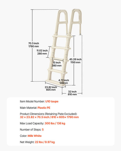 VEVOR 5-Step Inclined Robust Pool Ladder of 2 Handrails for 1219.2-1371.6mm Pool