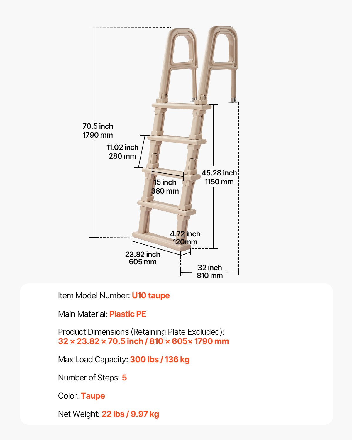 VEVOR 5-Step Inclined Robust Pool Ladder of 2 Handrails for 1219.2-1371.6mm Pool