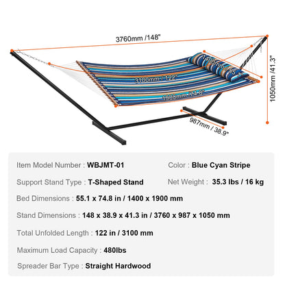VEVOR Double Quilted Fabric Hammock Two Person Hammock with Stand 480lb Capacity