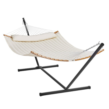 VEVOR Two Person Hammock with Stand Included, Double Hammock with Curved Spreader Bar and Detachable Pillow and Portable Carrying Bag, Perfect for Outdoor Freestanding Hammock, 480lb Capacity