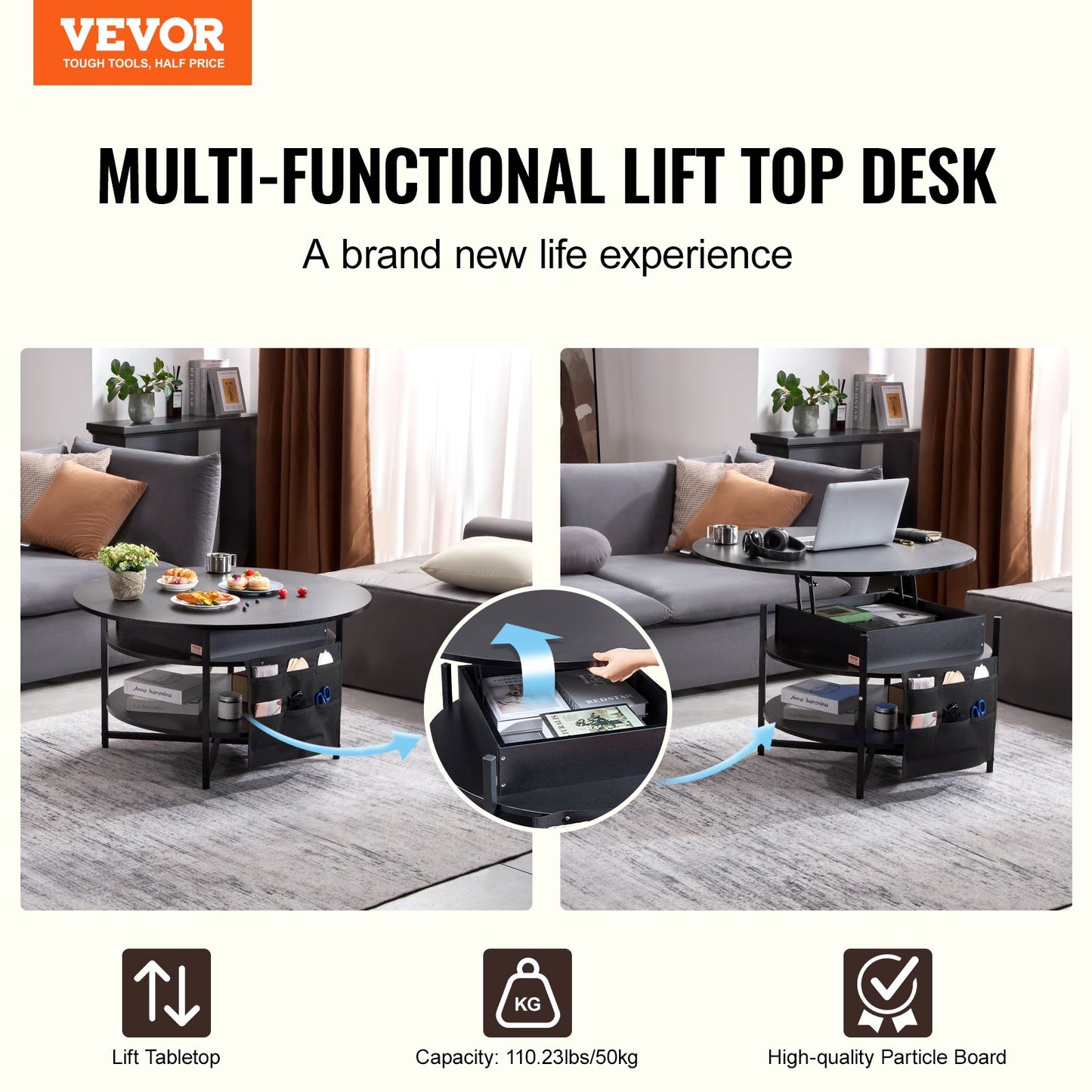 VEVOR Lift Top Coffee Table 35.3’’ Round Coffee Table for Living Room Black - Furniture > Outdoor > Outdoor Dining Sets