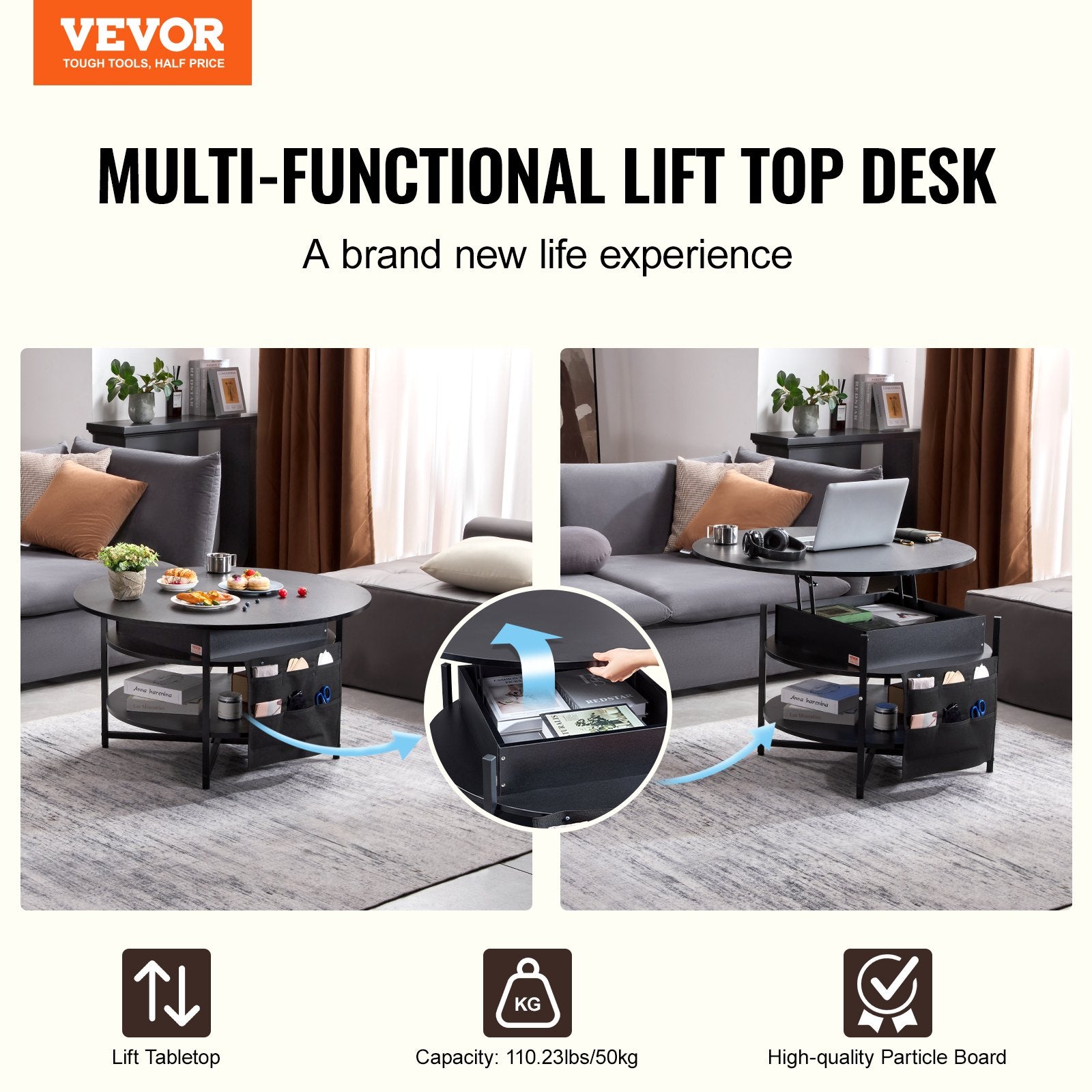 VEVOR Lift Top Coffee Table 35.3’’ Round Coffee Table for Living Room Black - Furniture > Outdoor > Outdoor Dining Sets