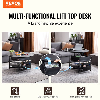 VEVOR Lift Top Coffee Table 35.3’’ Round Coffee Table for Living Room Black - Furniture > Outdoor > Outdoor Dining Sets