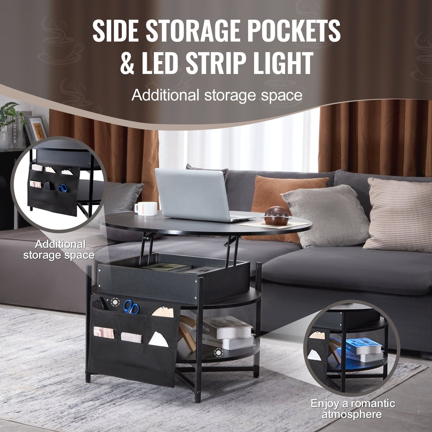 VEVOR Lift Top Coffee Table 35.3’’ Round Coffee Table for Living Room Black - Furniture > Outdoor > Outdoor Dining Sets