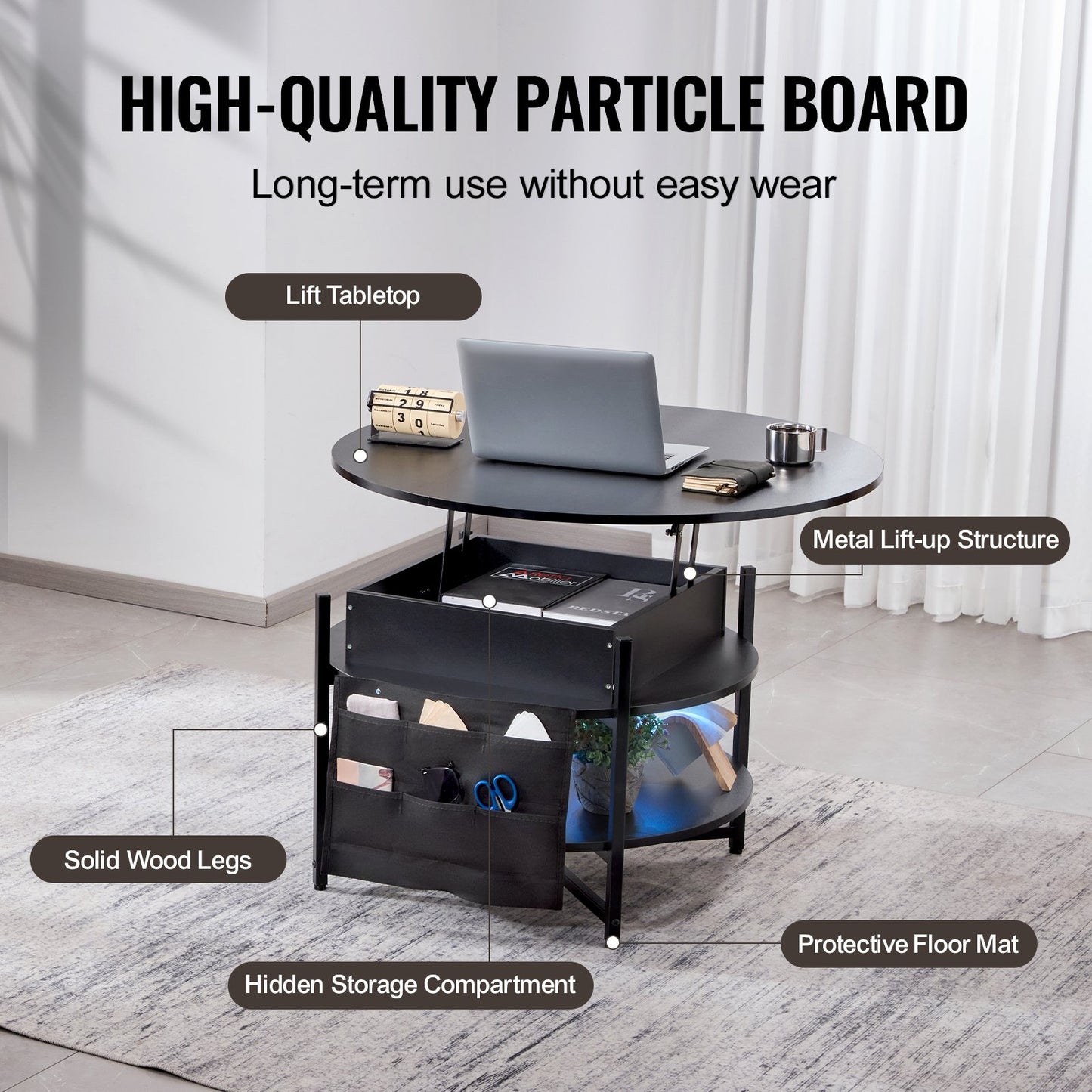 VEVOR Lift Top Coffee Table 35.3’’ Round Coffee Table for Living Room Black - Furniture > Outdoor > Outdoor Dining Sets