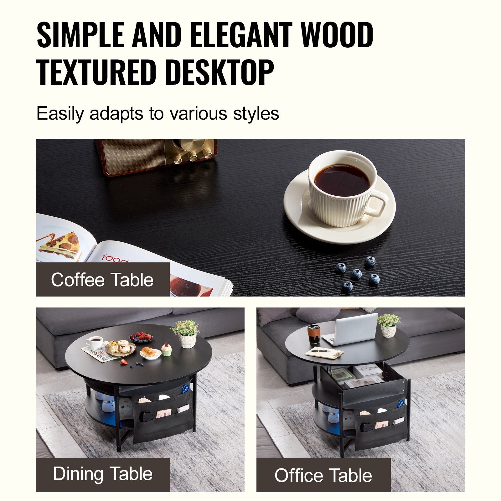 VEVOR Lift Top Coffee Table 35.3’’ Round Coffee Table for Living Room Black - Furniture > Outdoor > Outdoor Dining Sets