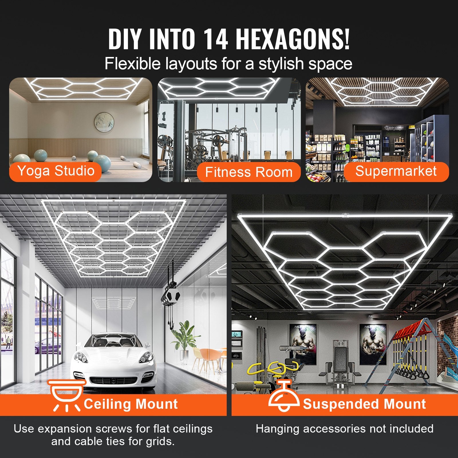 VEVOR Hexagon Garage Lights 86400LM 5 Grid Honeycomb LED Shop Ceiling Light Home & Garden > Lighting > Night Lights &