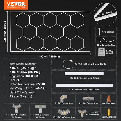 VEVOR Hexagon Garage Lights 86400LM 5 Grid Honeycomb LED Shop Ceiling Light Home & Garden > Lighting > Night Lights &
